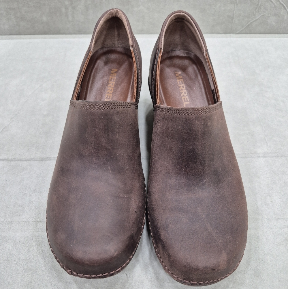 Merrell Emma clogs women's 7 brunette brown leather slip on elastic side panels - Picture 3 of 12